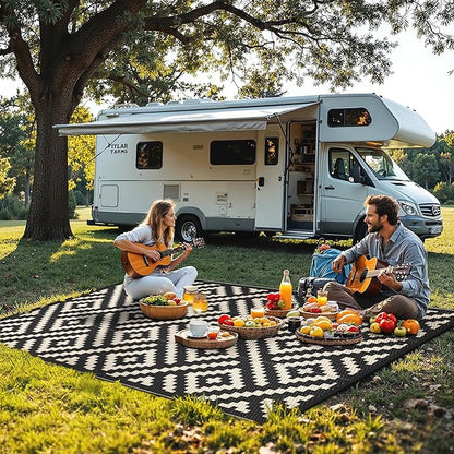 Outdoor Rug for Patio - Waterproof Plastic Straw Camping Rugs 6x9 ft, Reversible Outdoor Indoor RV Mat Carpet for Patio, Porch, Deck, Balcony, Picnic, Beach, Black Beige