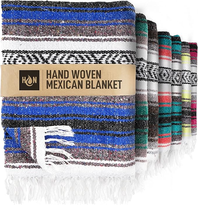 Authentic Extra Large Mexican Blanket (70"x50") - Handwoven Yoga Blanket, Serape Blanket - Artisanal Falsa Blanket, Beach Blanket, Camping Blanket, Picnic Blanket, Outdoor Blanket (King Blue)