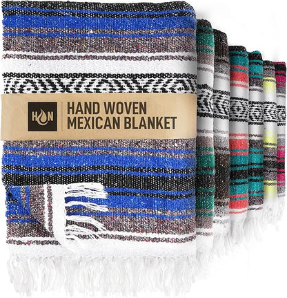 Authentic Extra Large Mexican Blanket (70"x50") - Handwoven Yoga Blanket, Serape Blanket - Artisanal Falsa Blanket, Beach Blanket, Camping Blanket, Picnic Blanket, Outdoor Blanket (King Blue)