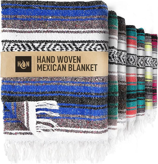 Authentic Extra Large Mexican Blanket (70"x50") - Handwoven Yoga Blanket, Serape Blanket - Artisanal Falsa Blanket, Beach Blanket, Camping Blanket, Picnic Blanket, Outdoor Blanket (King Blue)
