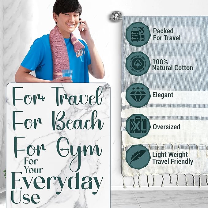 2 Set Oversized Turkish Bath Towel Sheets for Adults XXL Bathroom Extra Large Luxury Cotton Pool Peshtemal Washable Good Texture, Absorbency, Softness (Turquoise Blue and Silver Gray)