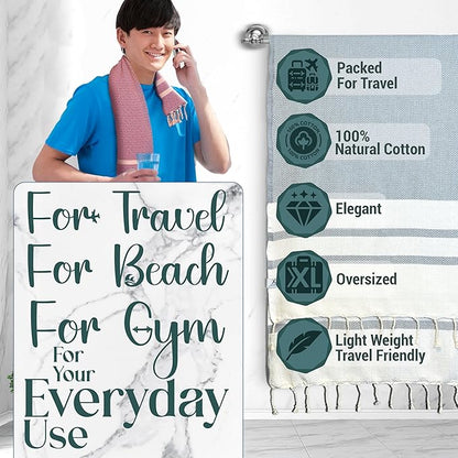 2 Set Oversized Turkish Bath Towel Sheets for Adults XXL Bathroom Extra Large Luxury Cotton Pool Peshtemal Washable Good Texture, Absorbency, Softness (Turquoise Blue and Silver Gray)
