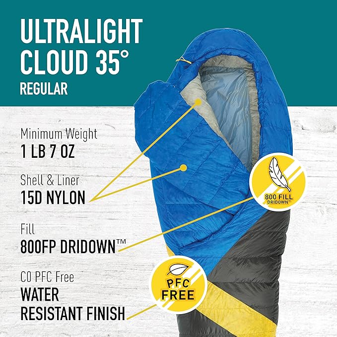 Sierra Designs Cloud 35 Degree DriDown Sleeping Bag Ultralight Zipperless Down Sleeping Bag for Backpacking and Camping
