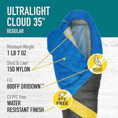 Sierra Designs Cloud 35 Degree DriDown Sleeping Bag Ultralight Zipperless Down Sleeping Bag for Backpacking and Camping