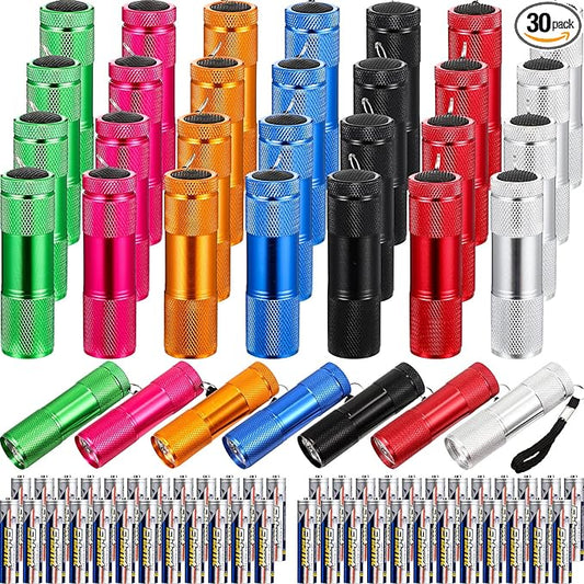 Fumete 30 Pcs Mini Kids Flashlight Set Aluminum LED Handheld Torches 7 Colors 90 Pack AAA Battery Included for Kids Party Favors, Night Reading, Camping, Power Outage, Gift to Mother's Day