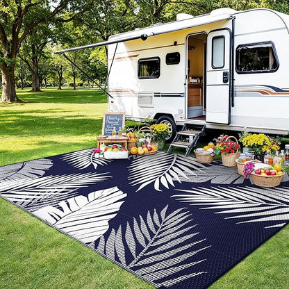 Outdoor Rug 8' x 10' for Patio Waterproof Clearance, Reversible Indoor Outdoor Plastic Straw Camping Rug Carpet, RV Mat, Large Area Rug for Deck, Backyard, Balcony, Porch, Navy Blue and White