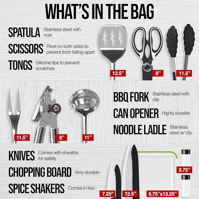 Camp Cooking Utensils | 11 Piece Camping Kitchen | RV Cookware Kit | Travel Grill Set | BBQ Accessories & Essentials for Camper