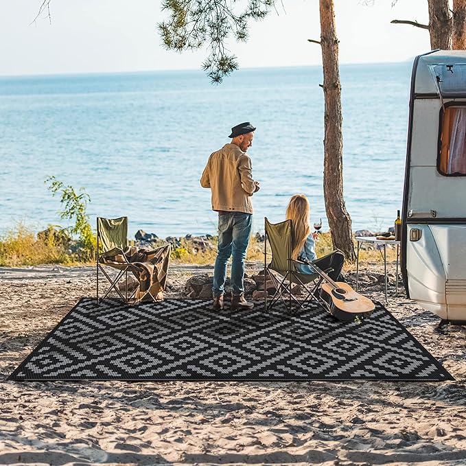 GENIMO Outdoor Rugs 8x10 Waterproof, Reversible Mats, Area Plastic Straw Rug, Outside Carpet, Geometric Rv Mat for Patio Camping Rv Picnic Backyard Deck Balcony Porch Beach Trailer (Black & Grey)