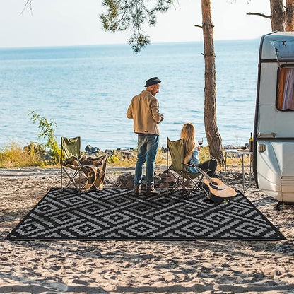 GENIMO Outdoor Rugs 8x10 Waterproof, Reversible Mats, Area Plastic Straw Rug, Outside Carpet, Geometric Rv Mat for Patio Camping Rv Picnic Backyard Deck Balcony Porch Beach Trailer (Black & Grey)