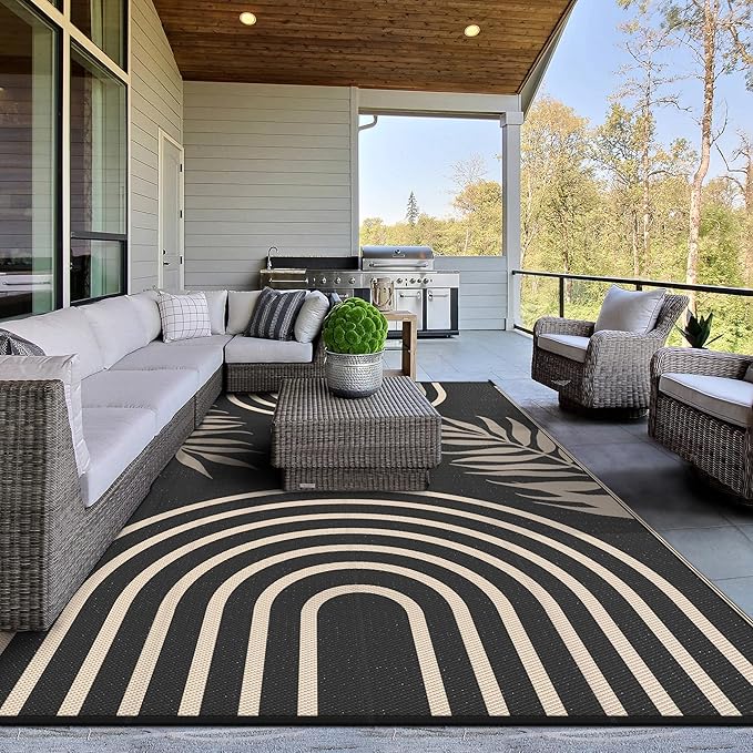 GENIMO Outdoor Rug 6' x 9' Waterproof for Patio Clearance, Reversible Lightweight Plastic Straw Camping Carpet, Large Area Rugs Mats for Rv, Backyard, Deck, Porch, Picnic, Balcony, Mix-Black & Beige