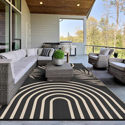GENIMO Outdoor Rug 6' x 9' Waterproof for Patio Clearance, Reversible Lightweight Plastic Straw Camping Carpet, Large Area Rugs Mats for Rv, Backyard, Deck, Porch, Picnic, Balcony, Mix-Black & Beige
