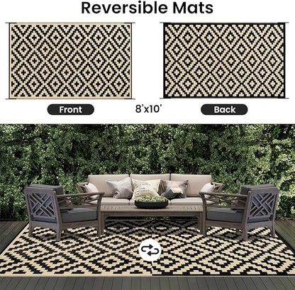 Smiry Waterproof Outdoor Rug 8x10 ft, Reversible Plastic Straw Patio Camping Rugs, Outdoor Indoor RV Mat Carpet for Patio, Outside Entry, Backyard, Deck, Bench, Picnic, Camper, Black & Beige