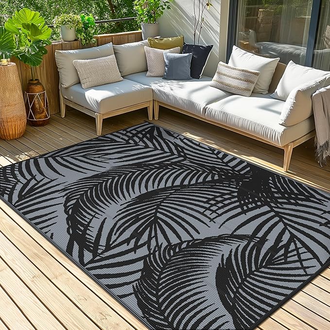 GENIMO Outdoor Rug 8' x 10' Waterproof for Patio Clearance, Reversible Lightweight Plastic Straw Camping Carpet, Large Area Rugs Mats for Rv, Porch, Backyard, Deck, Picnic, Balcony, Mix-Black & Gray
