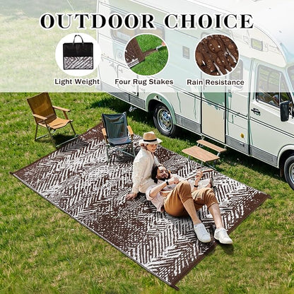 Outdoor Patio Rugs 4x6, Waterproof Reversible Outdoor Plastic Straw Rug Brown, RV Camping Mats UV-Resistant Outside Carpet Portable Area Mat for Garden Balcony Deck Picnic Beach Porch