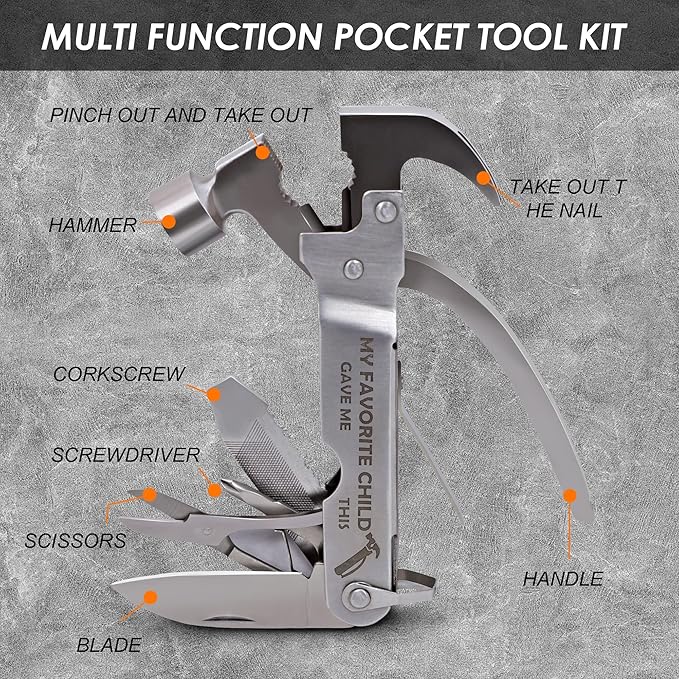 Fathers Gifts for Dad from Daughter Son MY FAVORITE CHILD GAVE ME THIS Hammer Multitool Camping, 12 In 1 Pocket Multi Survival Tools Cool Gadgets Christmas Birthday Gifts for Men Dad boyfriend
