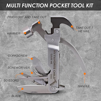 Fathers Gifts for Dad from Daughter Son MY FAVORITE CHILD GAVE ME THIS Hammer Multitool Camping, 12 In 1 Pocket Multi Survival Tools Cool Gadgets Christmas Birthday Gifts for Men Dad boyfriend