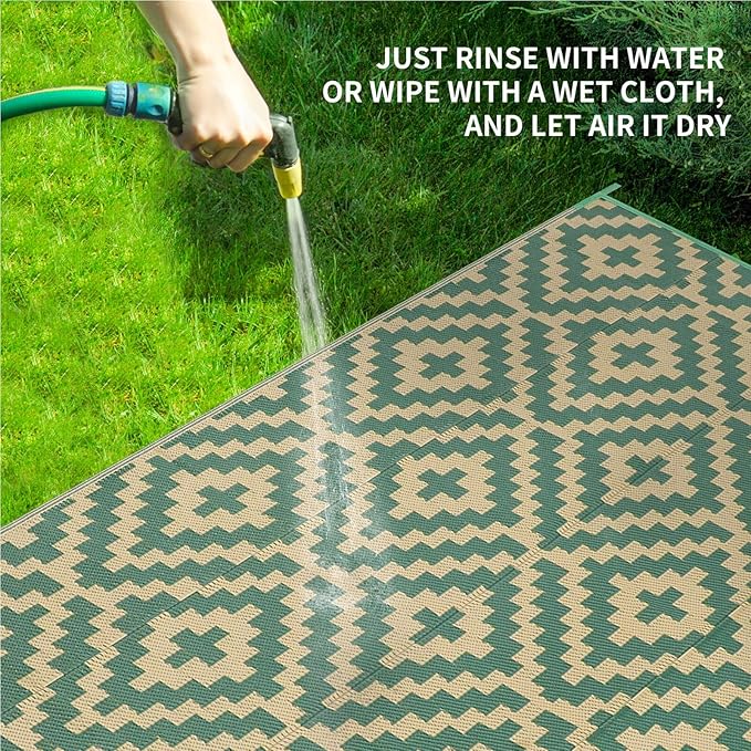 Outdoor Patio Plastic Straw Rug - 9'x12' Outdoor Camping Rug Waterproof Reversible, Area Carpet Patios Clearance RV, Outside Porch Balcony Deck for Camper, Green & Yellow