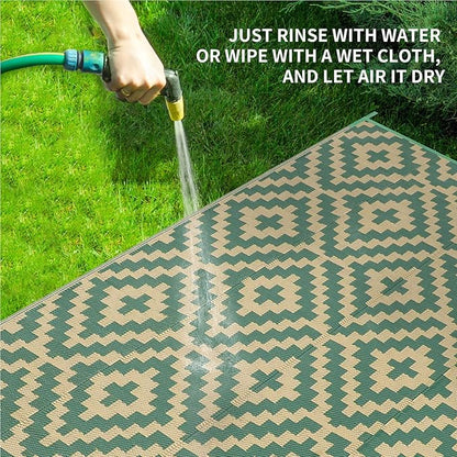 Outdoor Patio Plastic Straw Rug - 9'x12' Outdoor Camping Rug Waterproof Reversible, Area Carpet Patios Clearance RV, Outside Porch Balcony Deck for Camper, Green & Yellow