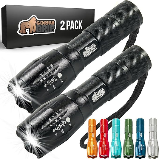 Gorilla Grip Powerful LED 750 FT Water Resistant 5 Adjustable Mode Tactical Flashlight, High Lumens Ultra Bright Battery Zoom Flashlights, Small Camping Car Mini Flash Light Accessories, 2 Pack Black