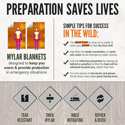 Lingito Survival Blanket, Emergency Blankets Camping, Hiking, Traveling, Heavy Duty Thermal Blanket, Waterproof Insulated Space Blankets Individually Packed, Emergency Outdoor Kit (5 Pack - Orange)