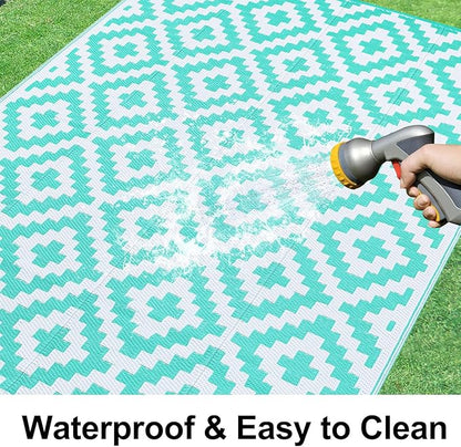 Smiry Waterproof Outdoor Rug 9x12 ft, Reversible Plastic Straw Patio Camping Rugs, Outdoor Indoor RV Mat Carpet for Patio, Outside Entry, Backyard, Deck, Bench, Picnic, Camper, White & Teal