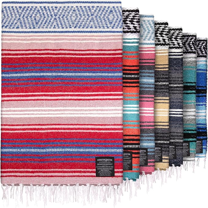 Authentic Large Handwoven Mexican Blanket - Soft Yoga Blanket - Durable Serape Blanket - Lightweight Falsa Blanket, Beach Blanket, Camping Blanket, Picnic Blanket, Outdoor Blanket 70"x50" - Coral