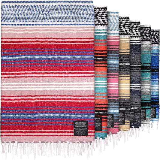 Authentic Large Handwoven Mexican Blanket - Soft Yoga Blanket - Durable Serape Blanket - Lightweight Falsa Blanket, Beach Blanket, Camping Blanket, Picnic Blanket, Outdoor Blanket 70"x50" - Coral