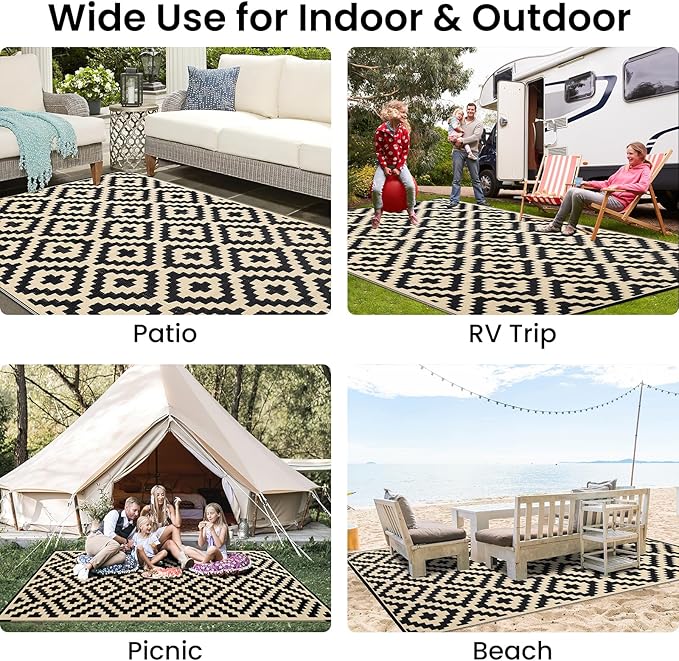 Smiry Waterproof Outdoor Rug 8x10 ft, Reversible Plastic Straw Patio Camping Rugs, Outdoor Indoor RV Mat Carpet for Patio, Outside Entry, Backyard, Deck, Bench, Picnic, Camper, Black & Beige