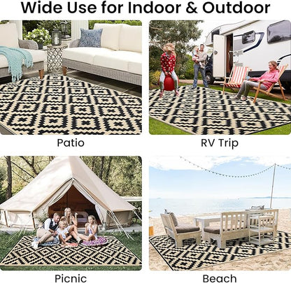 Smiry Waterproof Outdoor Rug 8x10 ft, Reversible Plastic Straw Patio Camping Rugs, Outdoor Indoor RV Mat Carpet for Patio, Outside Entry, Backyard, Deck, Bench, Picnic, Camper, Black & Beige