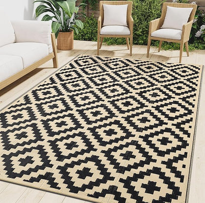 Smiry Waterproof Outdoor Rug 9x12 ft, Reversible Plastic Straw Patio Camping Rugs, Outdoor Indoor RV Mat Carpet for Patio, Outside Entry, Backyard, Deck, Bench, Picnic, Camper, Black & Beige