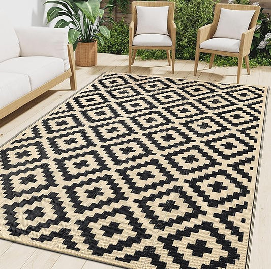 Smiry Waterproof Outdoor Rug 9x12 ft, Reversible Plastic Straw Patio Camping Rugs, Outdoor Indoor RV Mat Carpet for Patio, Outside Entry, Backyard, Deck, Bench, Picnic, Camper, Black & Beige