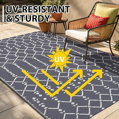 Smiry Outdoor Rug 5x8 ft, Waterproof Reversible Plastic Straw Rugs, Boho Outdoor Area Rug, Outside Floor Mat for Patio, Backyard, Deck, Picnic, Beach, Camping, Grey