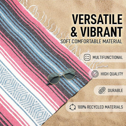 Authentic Large Handwoven Mexican Blanket - Soft Yoga Blanket - Durable Serape Blanket - Lightweight Falsa Blanket, Beach Blanket, Camping Blanket, Picnic Blanket, Outdoor Blanket 70"x50" - Azure