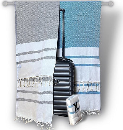 2 Set Oversized Turkish Bath Towel Sheets for Adults XXL Bathroom Extra Large Luxury Cotton Pool Peshtemal Washable Good Texture, Absorbency, Softness (Turquoise Blue and Silver Gray)