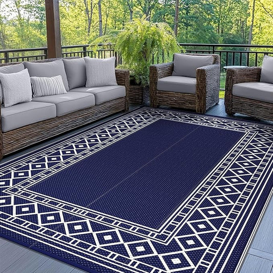 GENIMO Outdoor Rug Waterproof for Patio Decor, 6'x9' Foldable Reversible Plastic Straw Carpet for Travel Trailers, Outside Area Mat for Rv, Deck, Picnic, Porch, Camper, Balcony, Beach, Blue & White