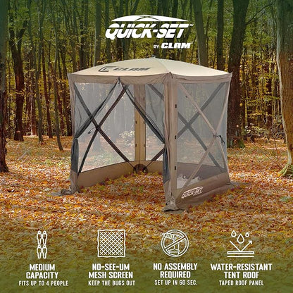 CLAM Quick Set Traveler 6 by 6 Foot Portable Pop Up Outdoor Camping Gazebo Screen Tent 4 Sided Canopy Shelter with Carry Bag and Wind Panel, Brown