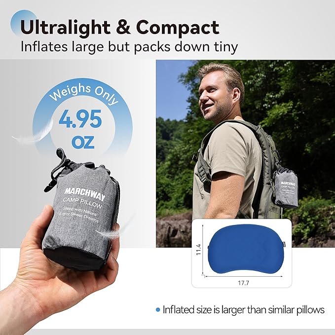MARCHWAY Ultralight Inflatable Camping Pillow with Soft Washable Cover, Compact Compressible Portable Travel Air Pillow for Outdoor Camp, Sport, Hiking, Backpacking Sleep (Blue)