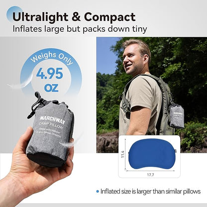 MARCHWAY Ultralight Inflatable Camping Pillow with Soft Washable Cover, Compact Compressible Portable Travel Air Pillow for Outdoor Camp, Sport, Hiking, Backpacking Sleep (Blue)