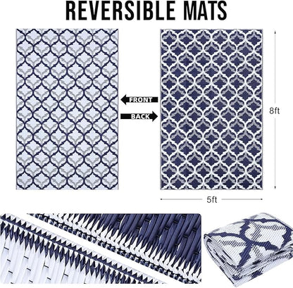 OLANLY Reversible Outdoor Rug 5x8 ft Clearance, Waterproof Outdoor Plastic Straw Rug with Interlacing Pattern, RV Mat for Patio, Camping, Balcony, Deck, Backyard, Navy & White