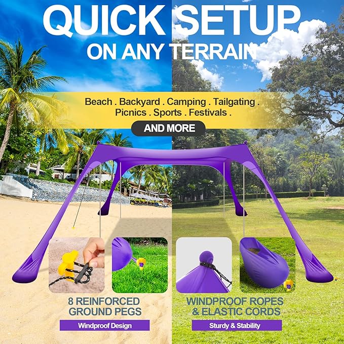 Buheco Beach Tent Pop Up Shade 7x7.5ft Beach Canopy Sun Shelter UPF50+ with 4 Foldable Poles Portable Carrying Bag Sand Shovel Ground Pegs Windproof Ropes for Outdoor Family Camping Fishing Picnic