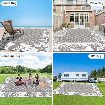 Vaukki Reversible Rugs, Plastic Straw Outdoor Doormat, Fade Resistant Plastic Outdoor Patio Mat, Lightweight Ocean Area Carpet for Patio, RV, Camping, Beach, Deck, Backyard and Picnic (Grey, 9'x12')