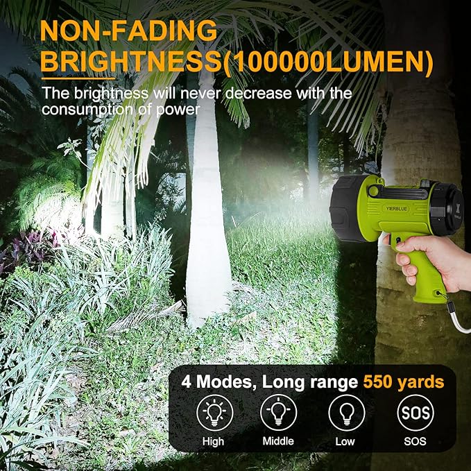 YIERBLUE Rechargeable Spotlight Flashlight with 1000,000 Lumen LED, IP67 Waterproof Long Running Spot Light searchlight, Impact Resistant Handheld Spotlight with Foldable Stand and Detachable Red Lens