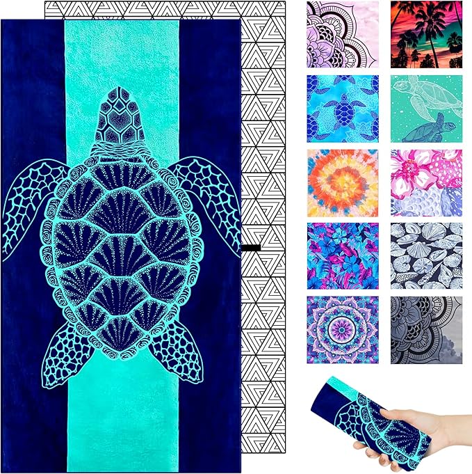 Microfiber Beach Towel–Green Striped Turtle Quick Dry Lightweight Sand Free Oversized Large Towel Accessories Travel Must Have Essentials Packable Sandproof Resistant Gift