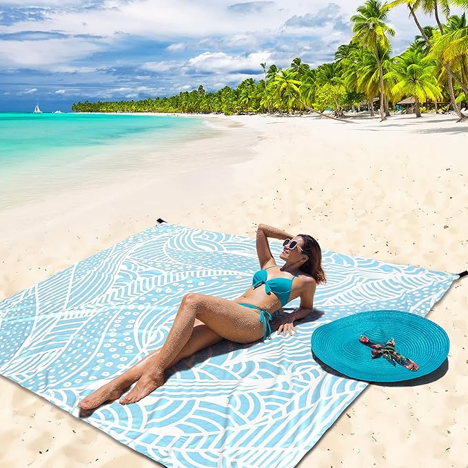 Beach Blanket Waterproof Sandproof Beach Mat 79”x 83” for 1-4 Adults Quick Drying Durable Outdoor Picnic Mat for Beach Festival Travel Picnic Camping Hiking (LBL-Ripple, 120"×108"(8 Person))