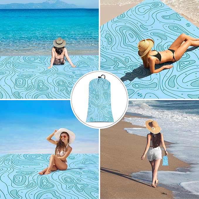 Beach Blanket Waterproof Sandproof, 78”x 86” Large Sand Free Beach Mat with 4 Stakes & Portable Bag, Big Flodable Compact Outdoor Pockets Picnic Blanket