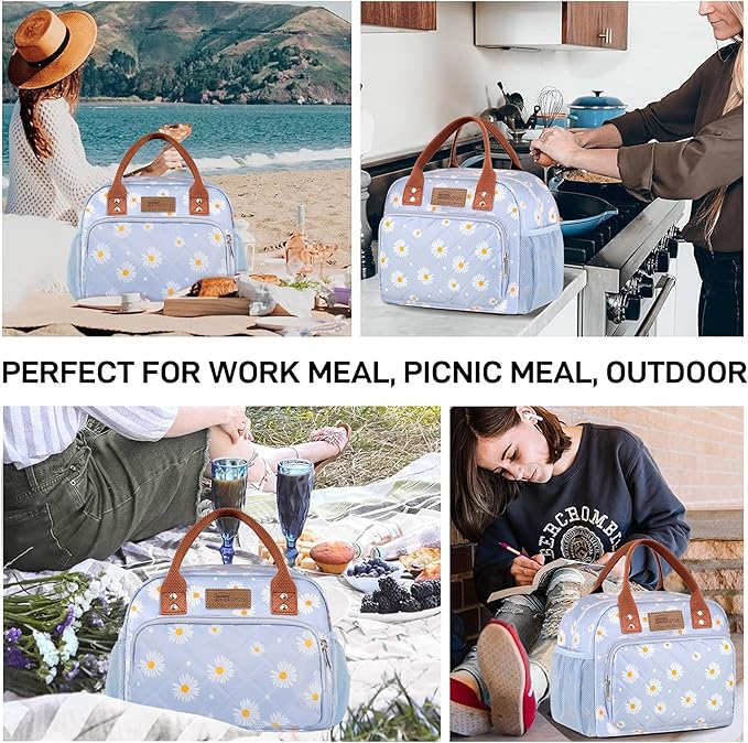 Buringer HOMESPON Lunch Bag for Woman Man Adults with Front Pocket Insulated Lunch Tote Lunch Box Container for Work Picnic or Travel（Blue Daisy）