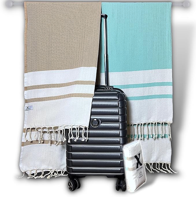 2 Set Oversized Turkish Bath Towel Sheets for Adults XXL Bathroom Extra Large Luxury Cotton Pool Peshtemal Washable Good Texture, Absorbency, Softness (Mint Green and Caramel Beige)