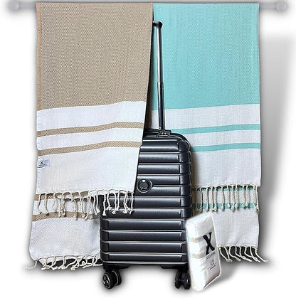 2 Set Oversized Turkish Bath Towel Sheets for Adults XXL Bathroom Extra Large Luxury Cotton Pool Peshtemal Washable Good Texture, Absorbency, Softness (Mint Green and Caramel Beige)