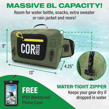 Waterproof Hip Pack | 8L Submersible Lumbar Fishing Waist Pack with Airtight Zipper | Perfect for Fly Fishing, Boating, Camping, Hiking or Paddleboarding | includes free IPX8 Waterproof Phone Case