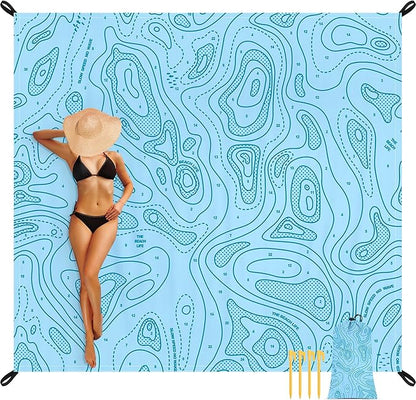 Beach Blanket Waterproof Sandproof, 78”x 86” Large Sand Free Beach Mat with 4 Stakes & Portable Bag, Big Flodable Compact Outdoor Pockets Picnic Blanket